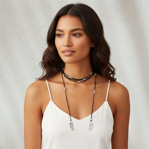 Black Rawhide Wrap Necklace Silver Feather Bead Embellishments